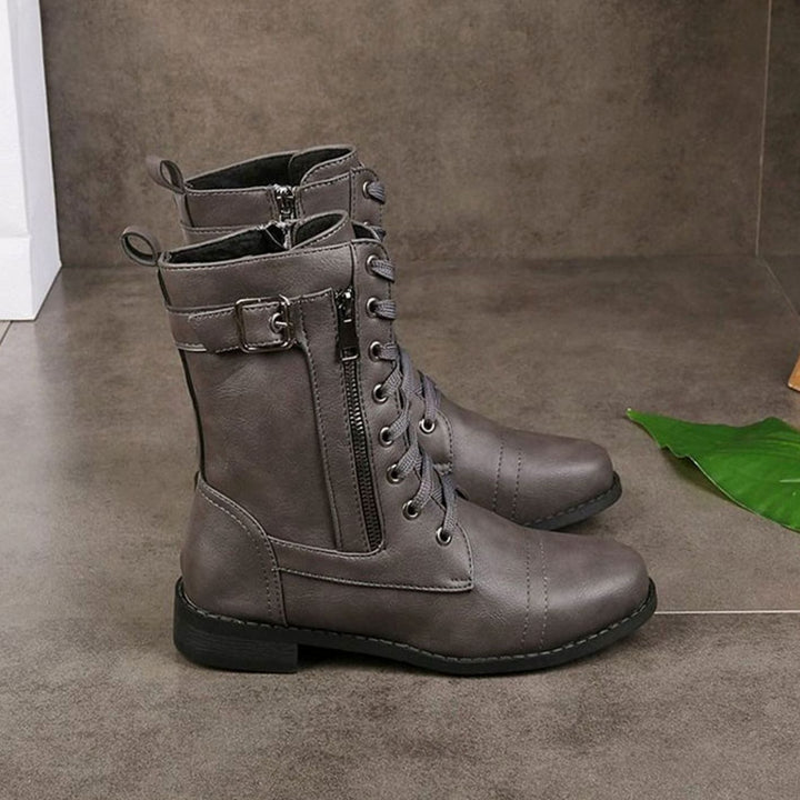 Women's Combat Lace-Up Side-Zip Ankle Boots Buckle Detail