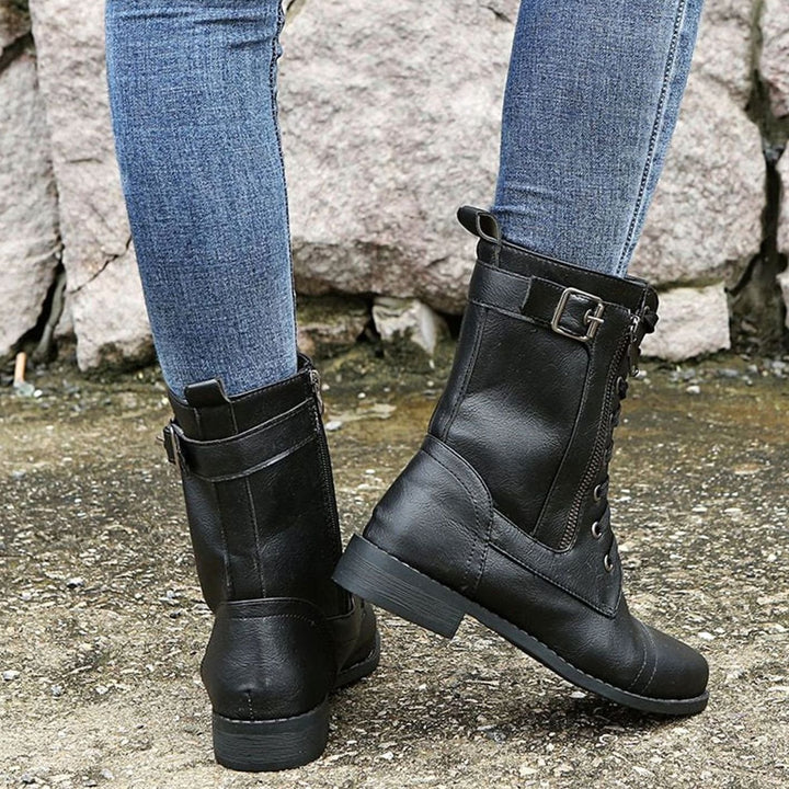 Women's Combat Lace-Up Side-Zip Ankle Boots Buckle Detail