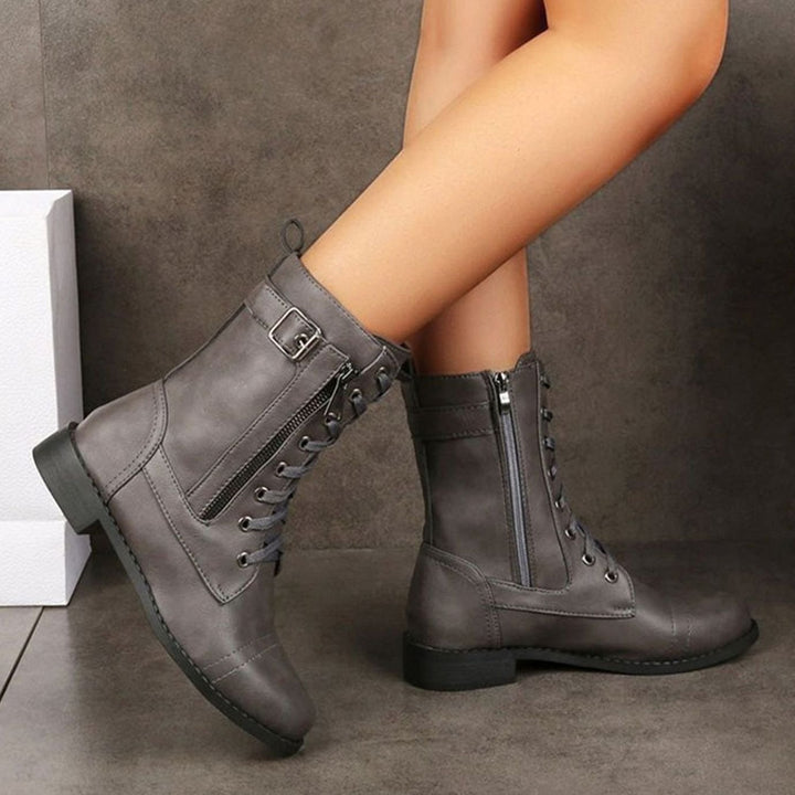 Women's Combat Lace-Up Side-Zip Ankle Boots Buckle Detail