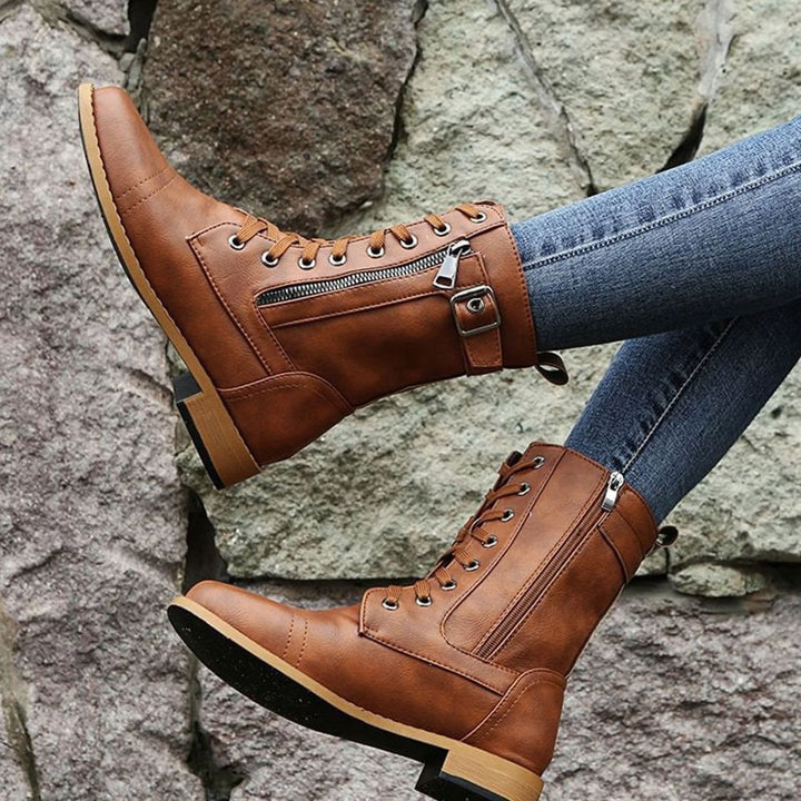 Women's Combat Lace-Up Side-Zip Ankle Boots Buckle Detail