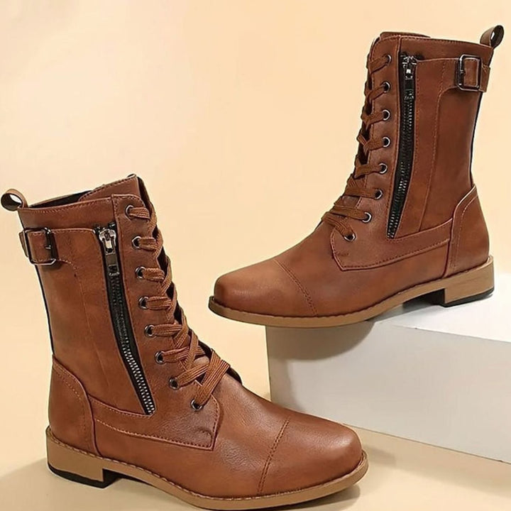 Women's Combat Lace-Up Side-Zip Ankle Boots Buckle Detail - Brown