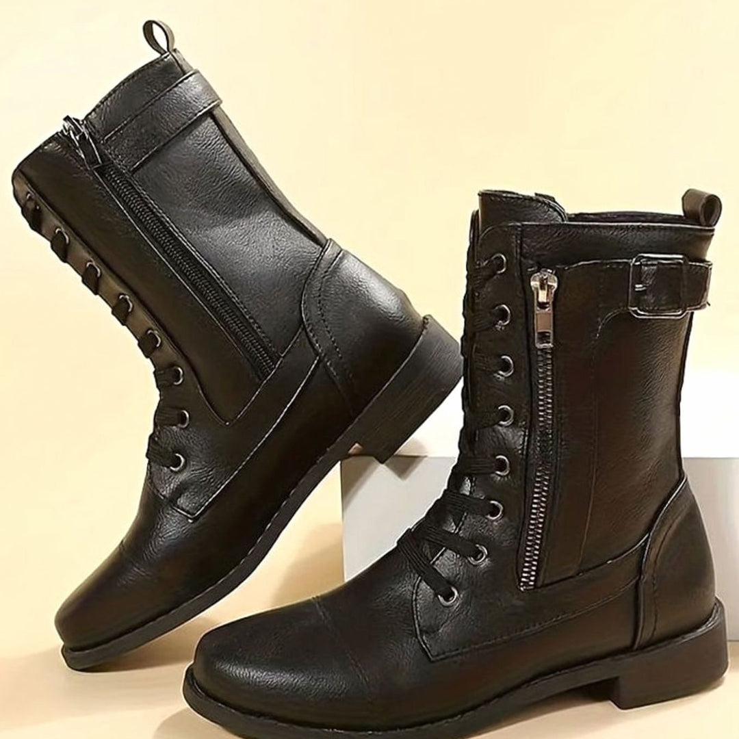 Women's Combat Lace-Up Side-Zip Ankle Boots Buckle Detail - Black