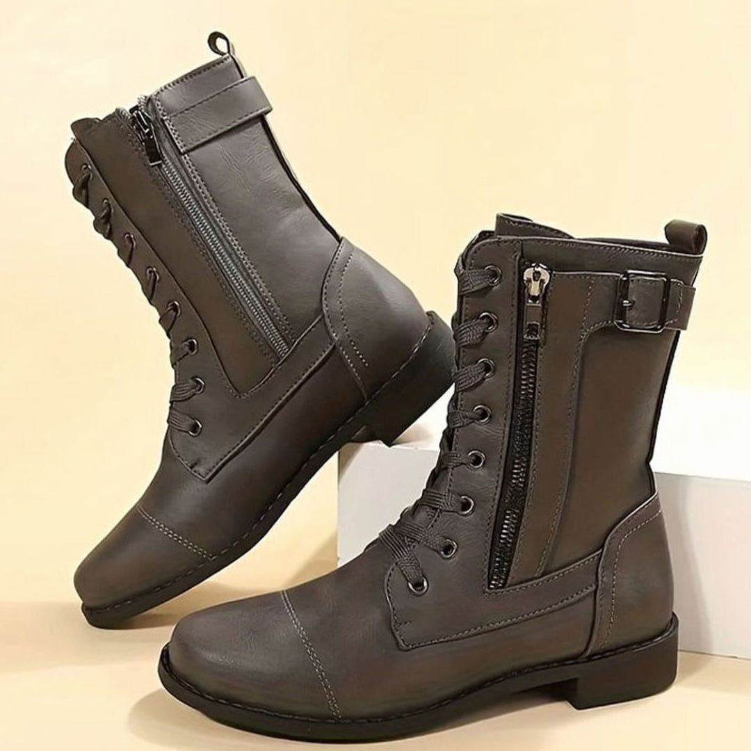 Women's Combat Lace-Up Side-Zip Ankle Boots Buckle Detail - Gray