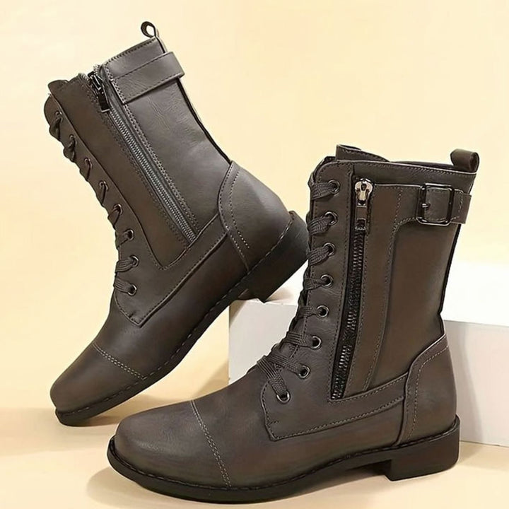 Women's Combat Lace-Up Side-Zip Ankle Boots Buckle Detail - Gray