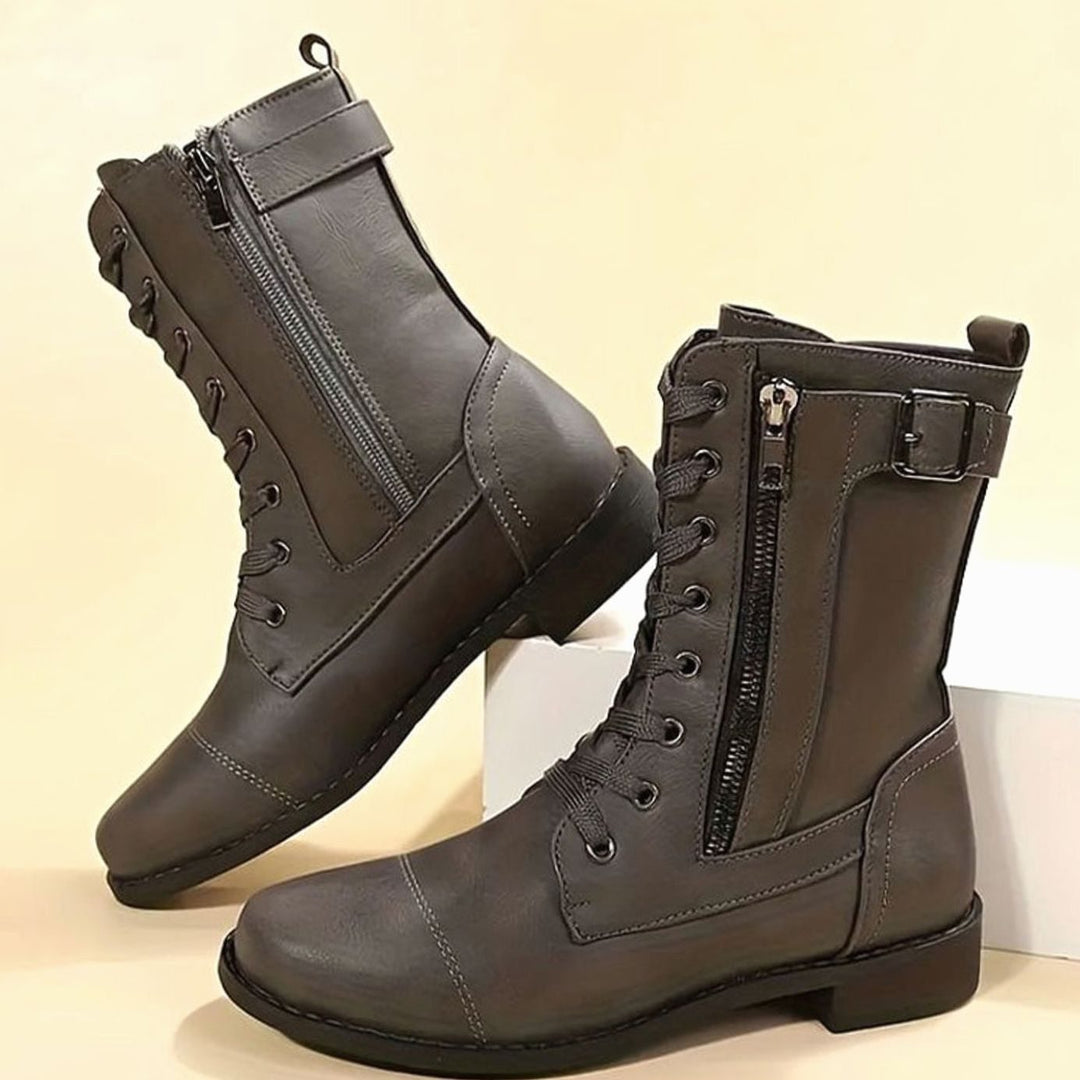 Women's Combat Lace-Up Side-Zip Ankle Boots Buckle Detail