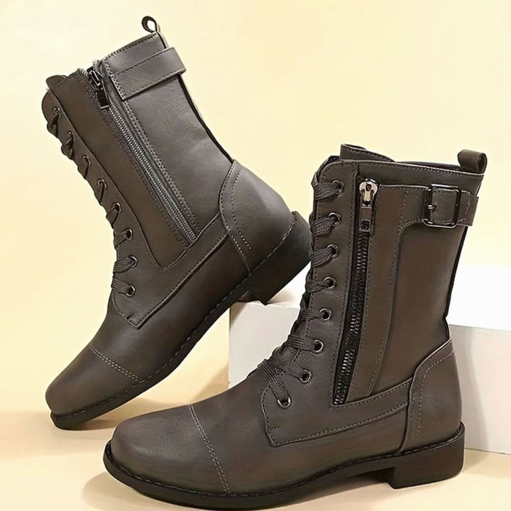 Women's Combat Lace-Up Side-Zip Ankle Boots Buckle Detail
