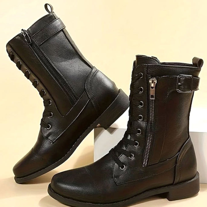 Women's Combat Lace-Up Side-Zip Ankle Boots Buckle Detail