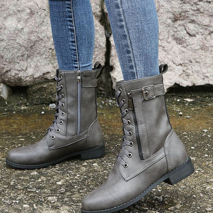 Women's Combat Lace-Up Side-Zip Ankle Boots Buckle Detail