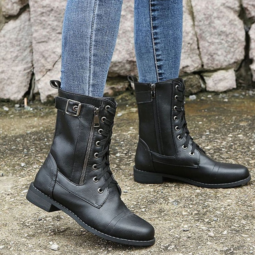 Women's Combat Lace-Up Side-Zip Ankle Boots Buckle Detail