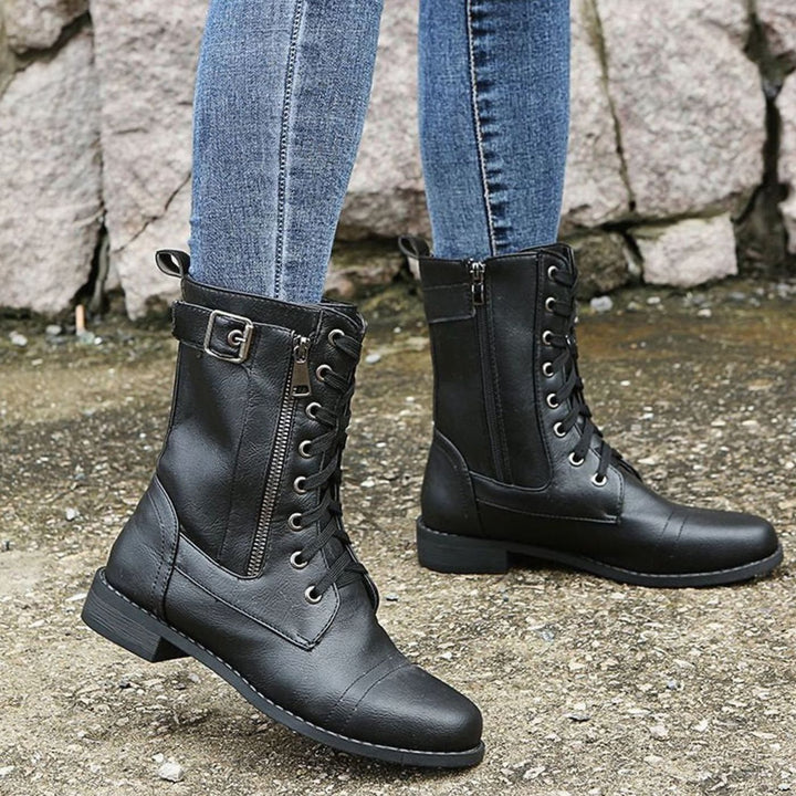 Women's Combat Lace-Up Side-Zip Ankle Boots Buckle Detail