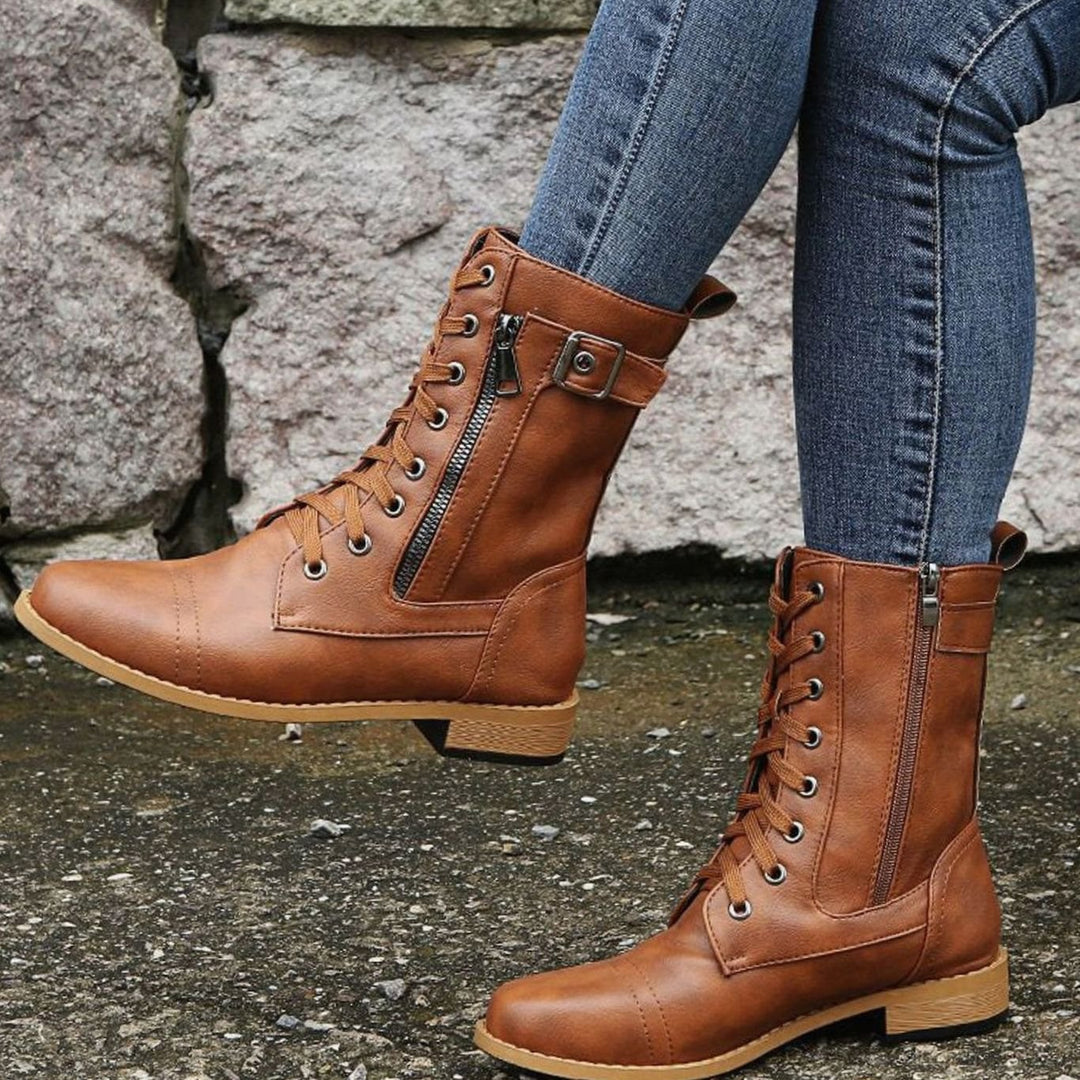 Women's Combat Lace-Up Side-Zip Ankle Boots Buckle Detail