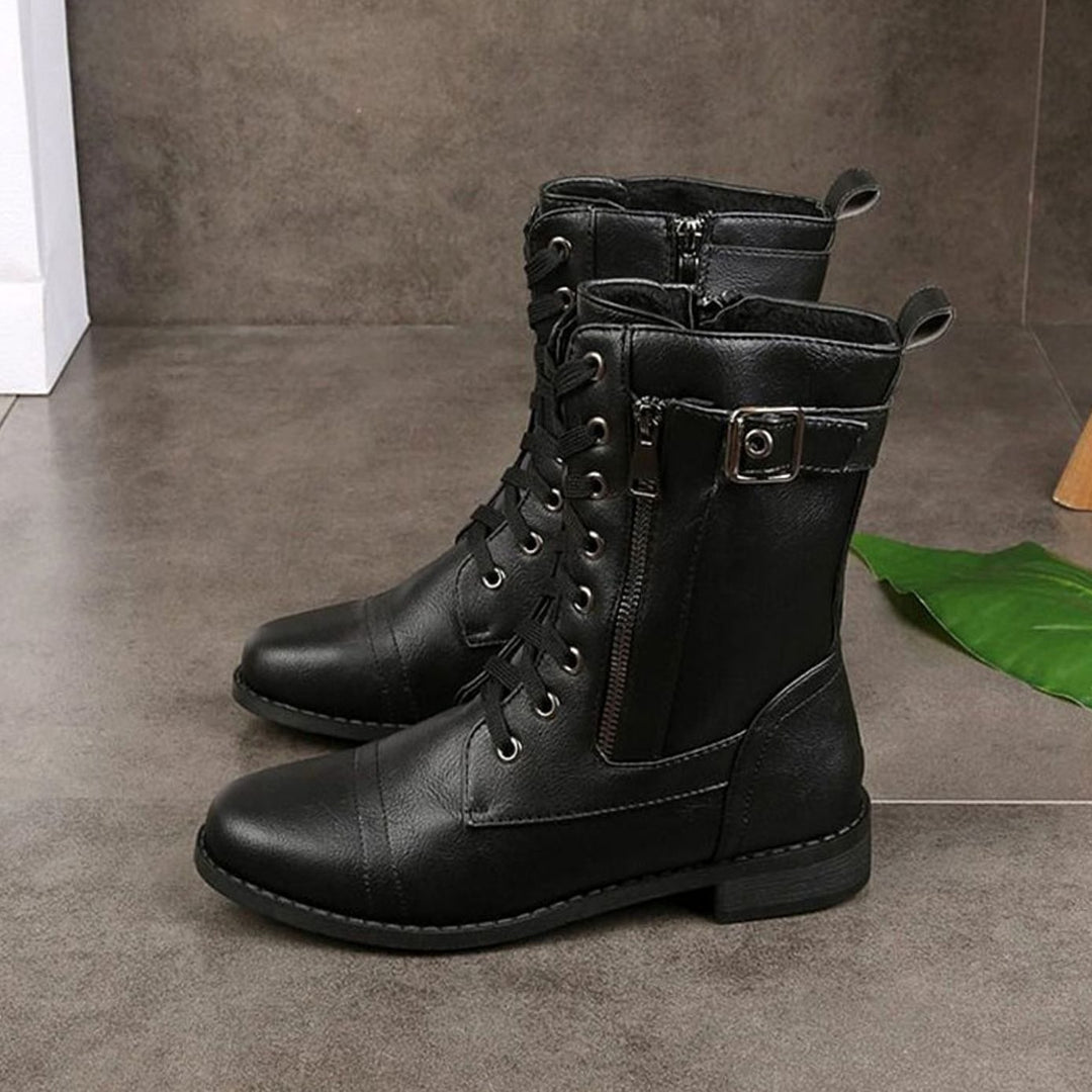 Women's Combat Lace-Up Side-Zip Ankle Boots Buckle Detail