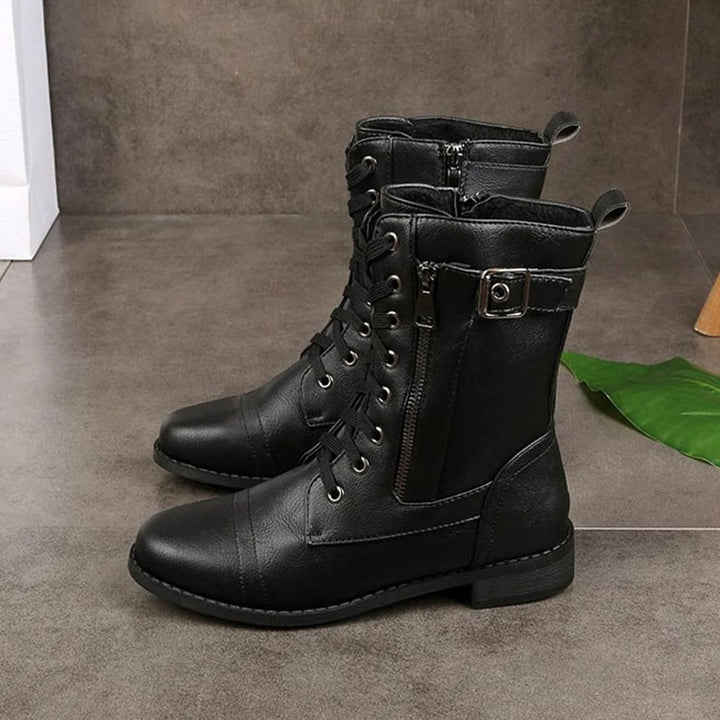 Women's Combat Lace-Up Side-Zip Ankle Boots Buckle Detail