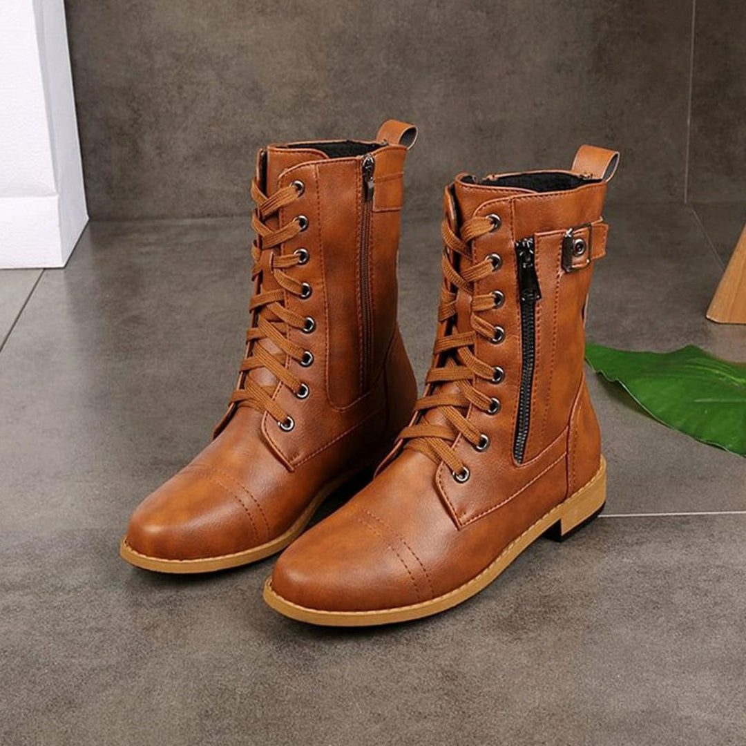 Women's Combat Lace-Up Side-Zip Ankle Boots Buckle Detail