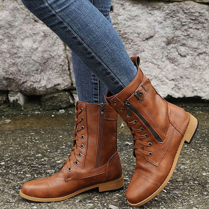 Women's Combat Lace-Up Side-Zip Ankle Boots Buckle Detail