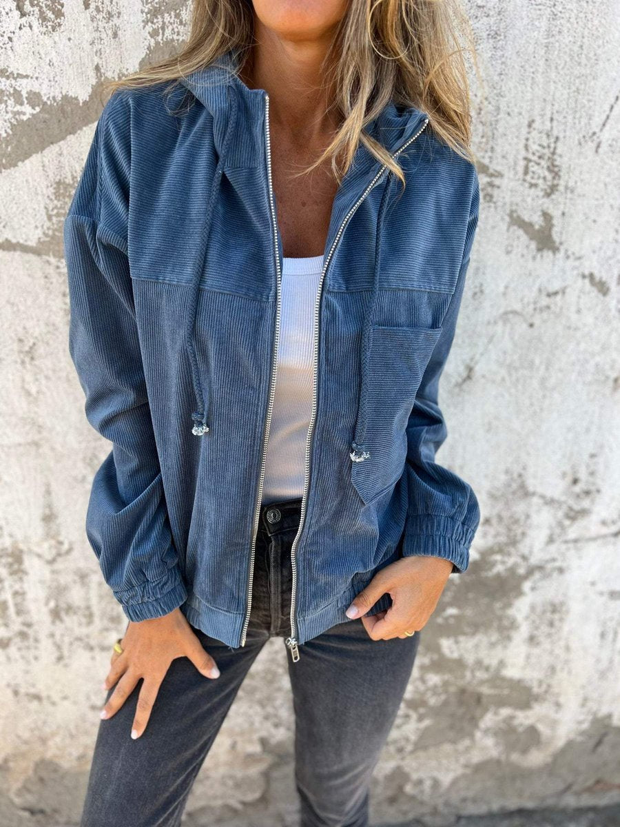 Women's Corduroy Hooded Zip-Up Quilted Jacket Oversized Fit - Blue