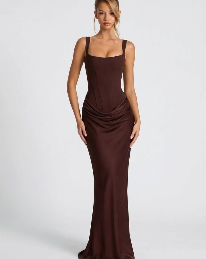 Women's Corset-Bodice Draped Square-Neck Satin Maxi Dress - Brown