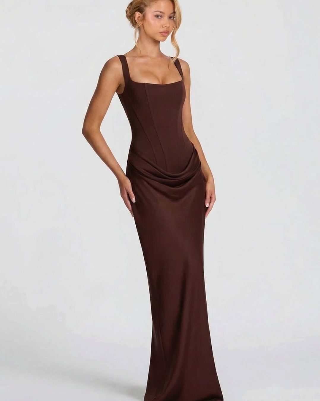 Women's Corset-Bodice Draped Square-Neck Satin Maxi Dress