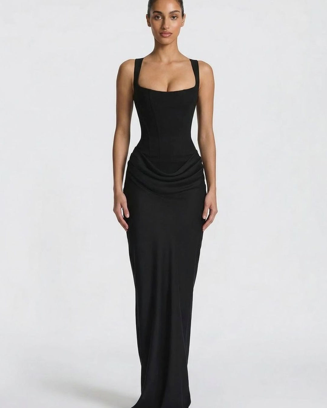 Women's Corset-Bodice Draped Square-Neck Satin Maxi Dress