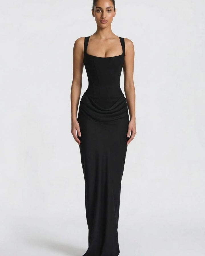 Women's Corset-Bodice Draped Square-Neck Satin Maxi Dress