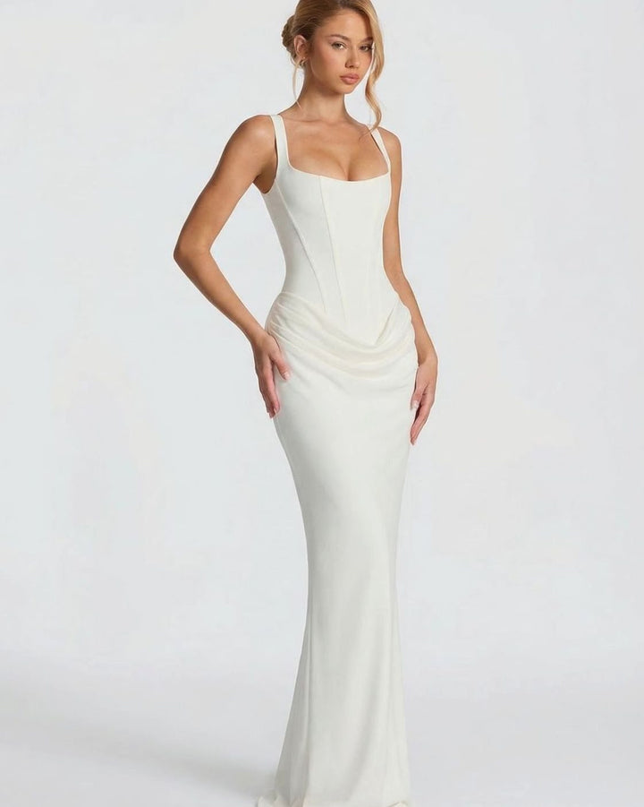 Women's Corset-Bodice Draped Square-Neck Satin Maxi Dress
