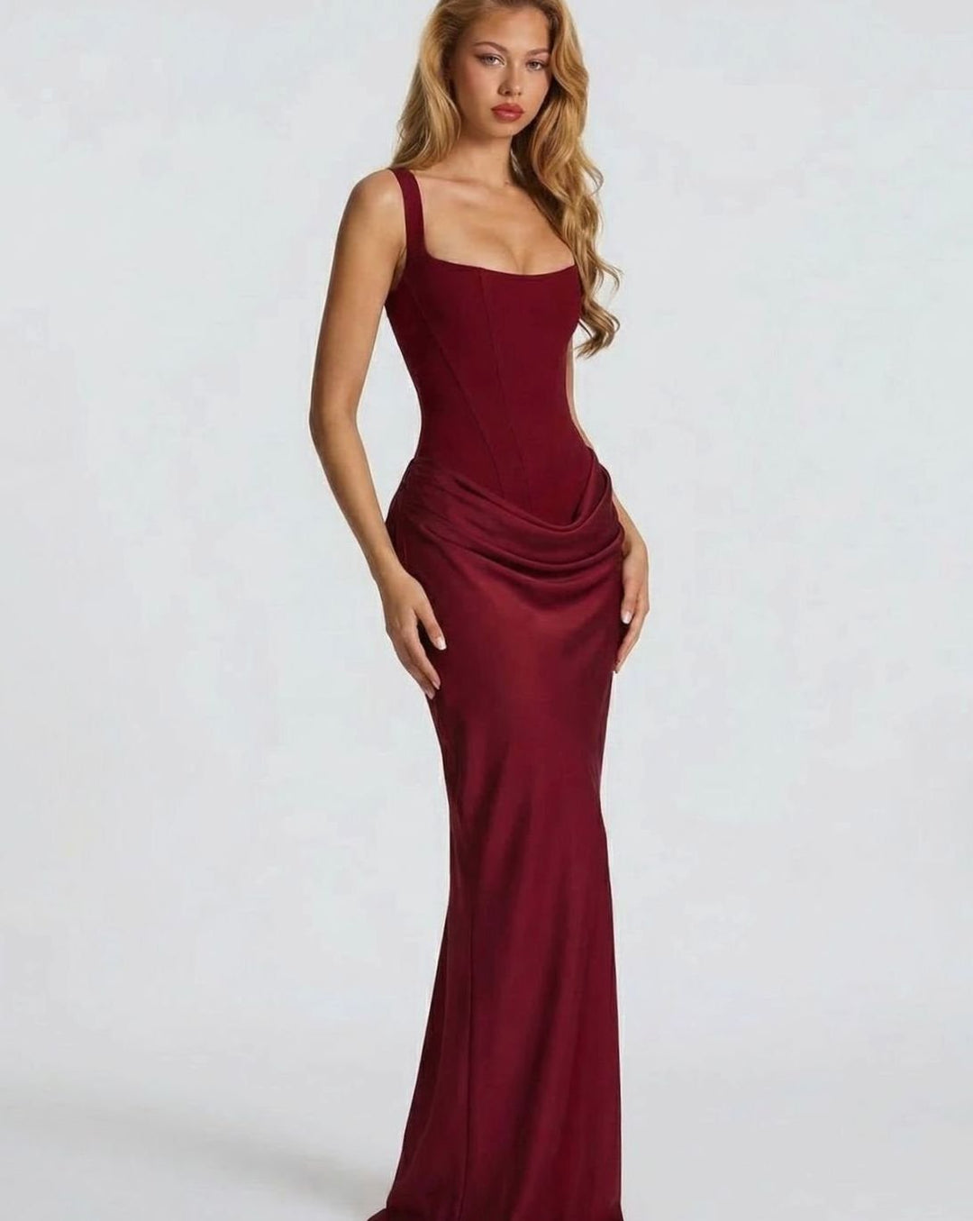 Women's Corset-Bodice Draped Square-Neck Satin Maxi Dress
