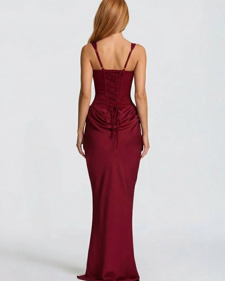 Women's Corset-Bodice Draped Square-Neck Satin Maxi Dress