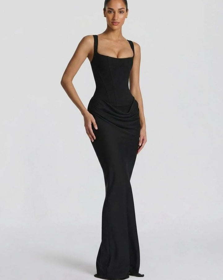 Women's Corset-Bodice Draped Square-Neck Satin Maxi Dress - Black
