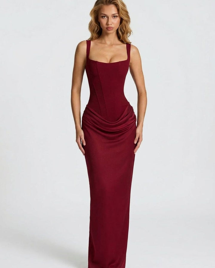 Women's Corset-Bodice Draped Square-Neck Satin Maxi Dress