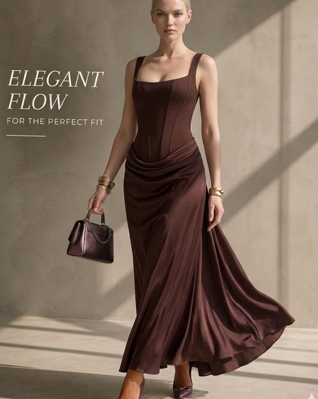 Women's Corset-Bodice Draped Square-Neck Satin Maxi Dress