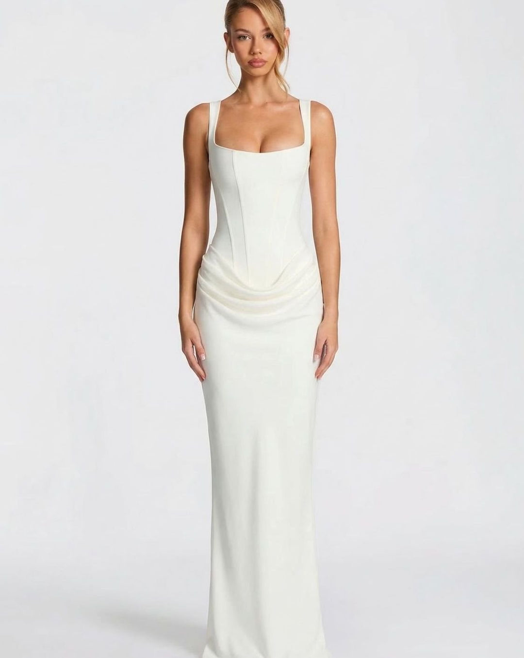Women's Corset-Bodice Draped Square-Neck Satin Maxi Dress - Ivory