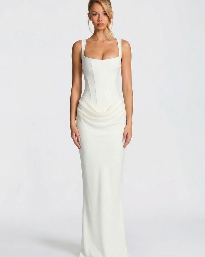 Women's Corset-Bodice Draped Square-Neck Satin Maxi Dress - Ivory