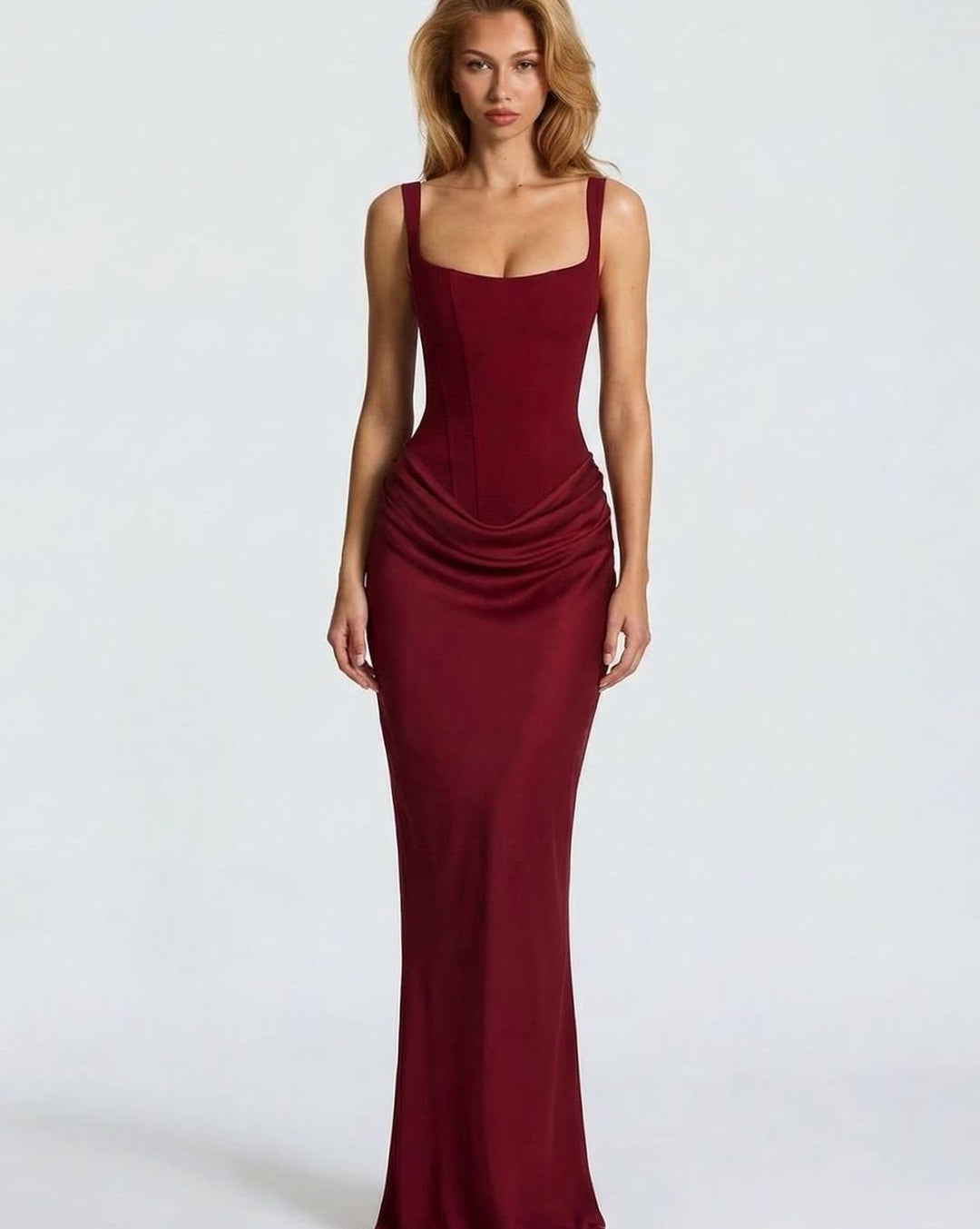 Women's Corset-Bodice Draped Square-Neck Satin Maxi Dress - Burgundy