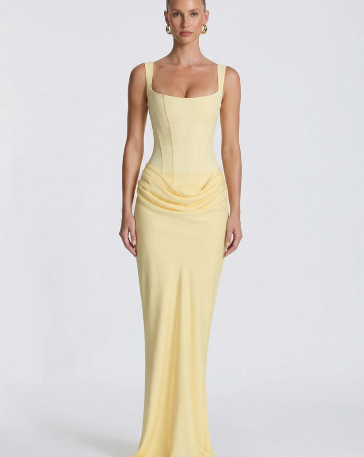 Women's Corset-Bodice Draped Square-Neck Satin Maxi Dress - Light Yellow