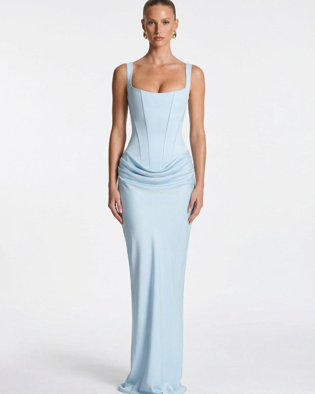 Women's Corset-Bodice Draped Square-Neck Satin Maxi Dress - Light Blue