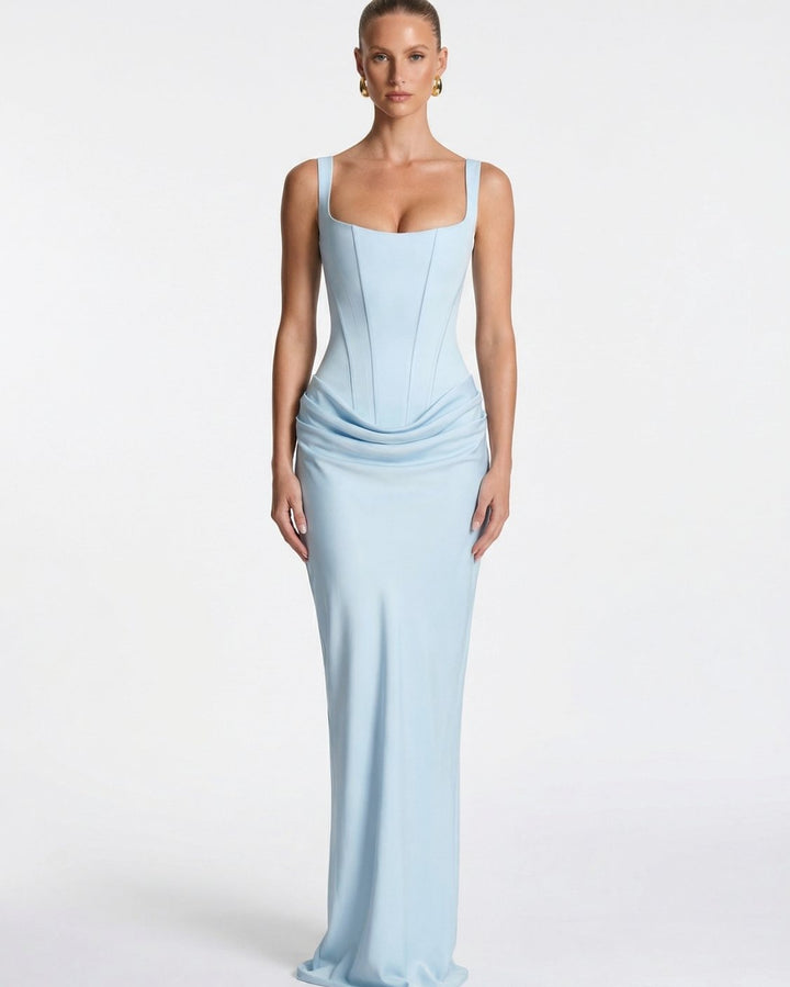 Women's Corset-Bodice Draped Square-Neck Satin Maxi Dress - Light Blue