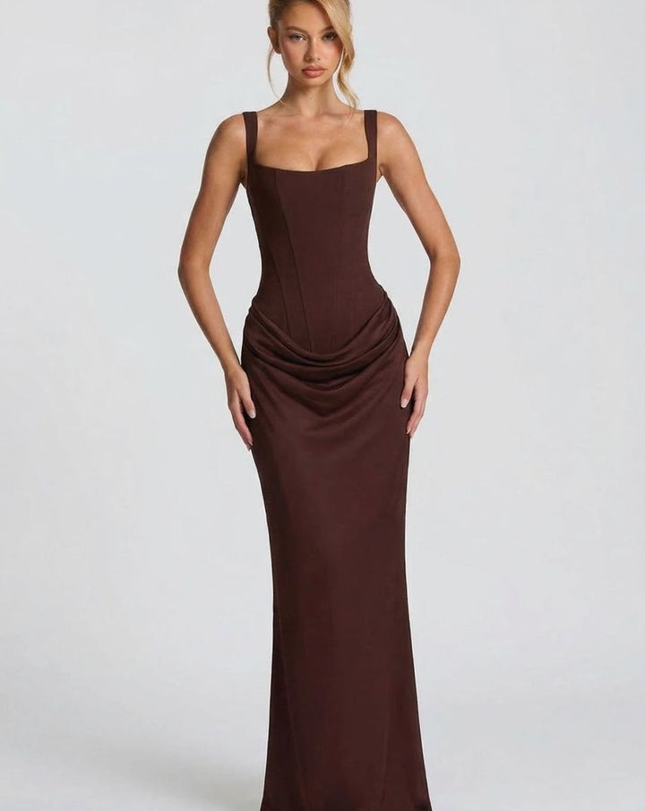 Women's Corset-Bodice Draped Square-Neck Satin Maxi Dress