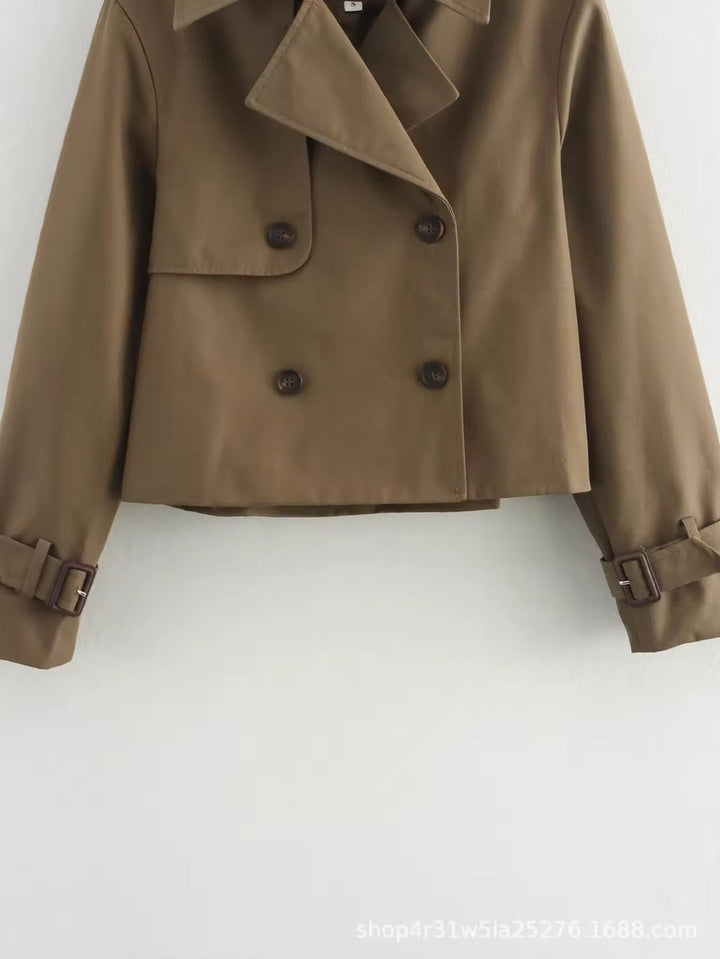 Women's Cropped Double-Breasted Trench Coat Buckle Cuff