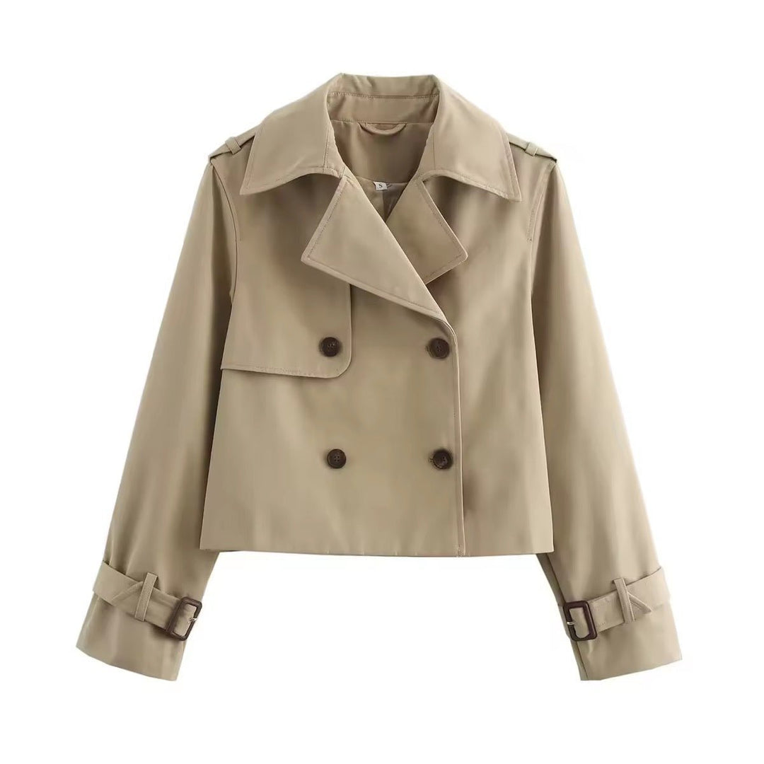 Women's Cropped Double-Breasted Trench Coat Buckle Cuff - Beige