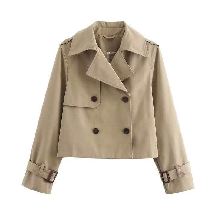 Women's Cropped Double-Breasted Trench Coat Buckle Cuff - Beige
