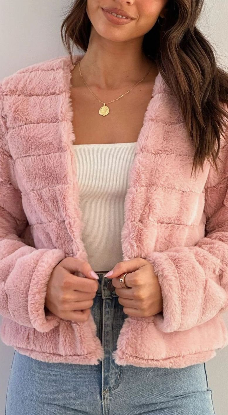 Women's Cropped Open-Front Faux Fur Jacket - Pink
