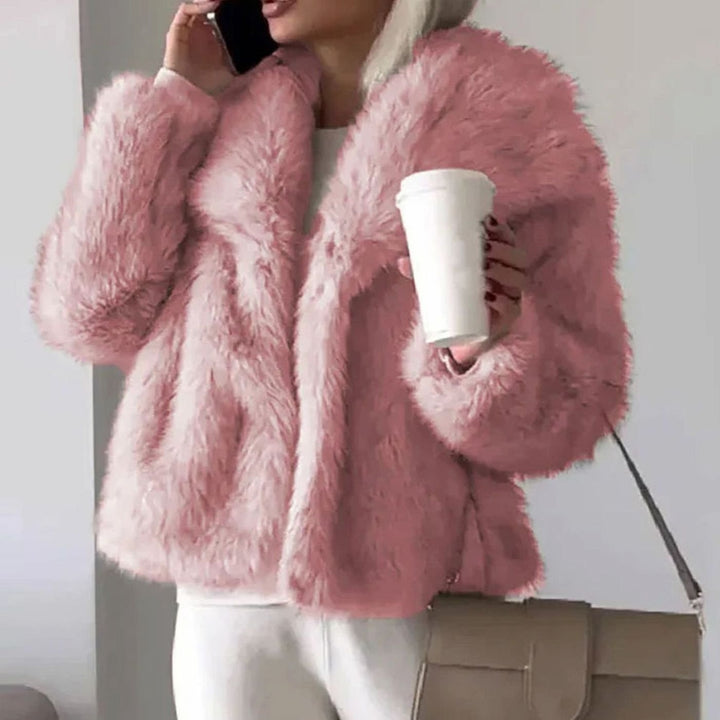 Women's Cropped Open-Front Faux Fur Winter Jacket - Pink