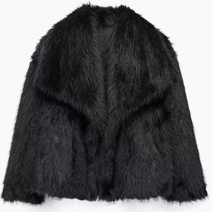 Women's Cropped Open-Front Faux Fur Winter Jacket - Black