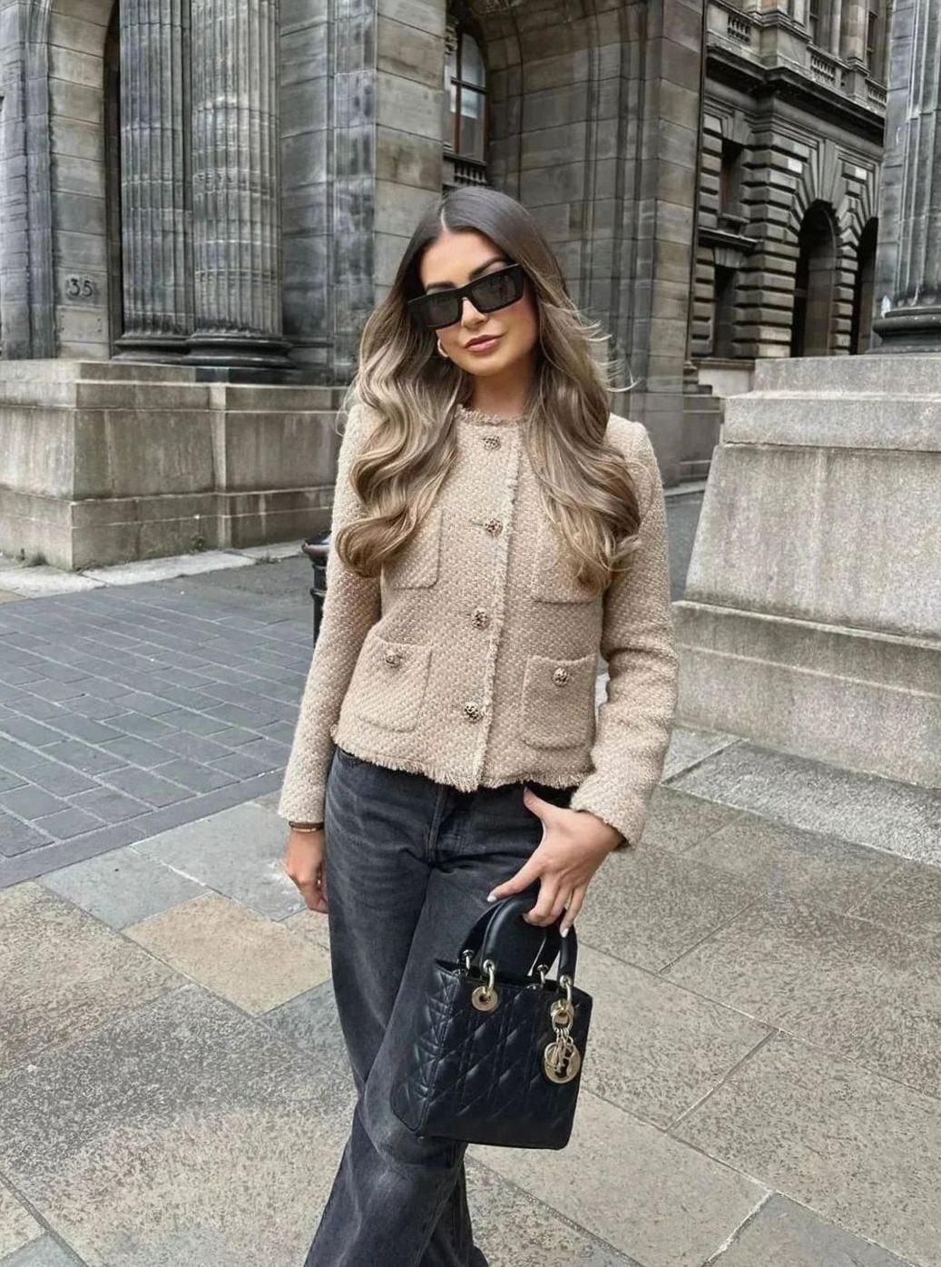 Women's Cropped Tweed Blazer Elegant Gold-Button Front