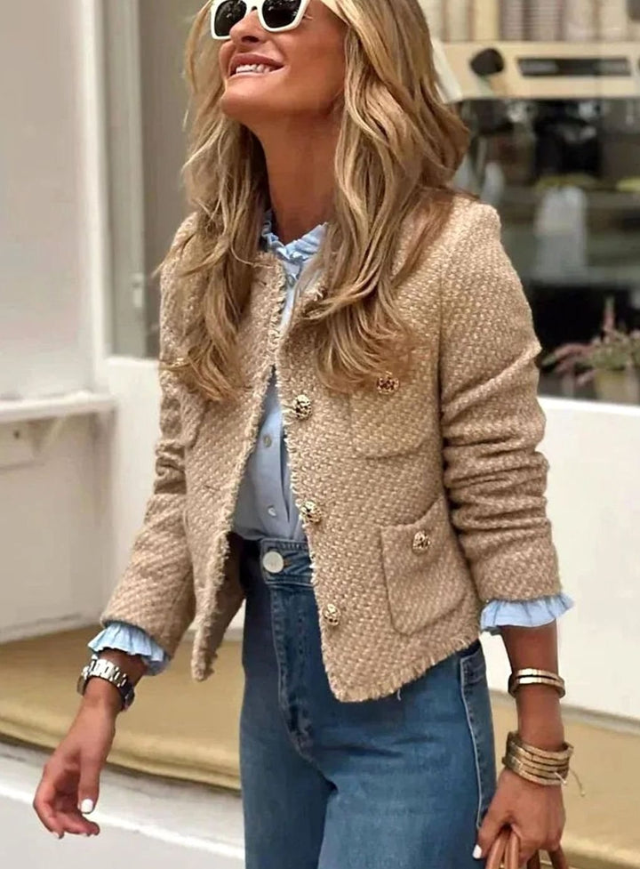 Women's Cropped Tweed Blazer Elegant Gold-Button Front - Light brown
