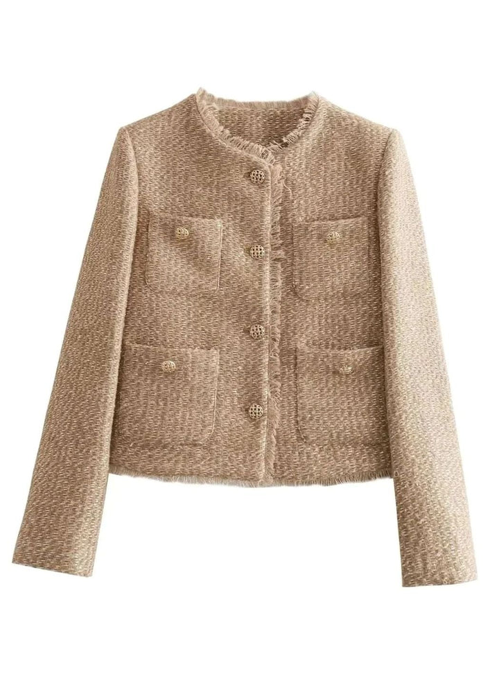 Women's Cropped Tweed Blazer Elegant Gold-Button Front