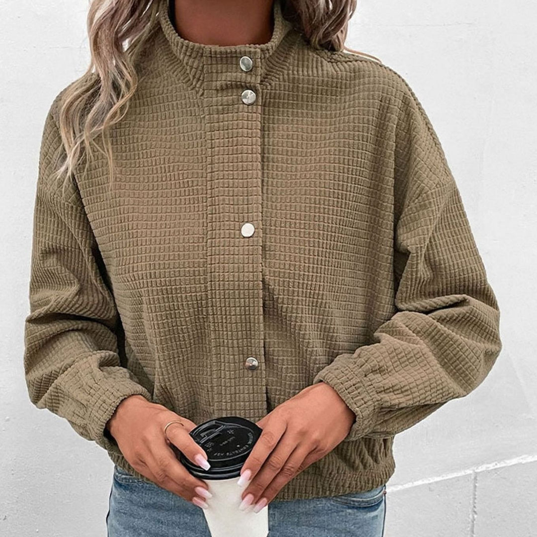 Women's Cropped Waffle-Knit Button-Front Stand-Collar Jacket