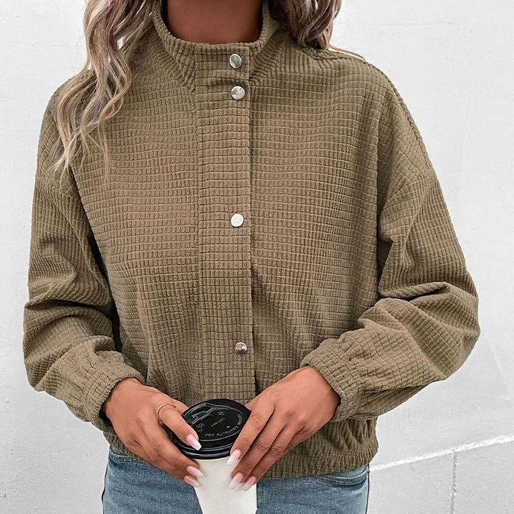 Women's Cropped Waffle-Knit Button-Front Stand-Collar Jacket