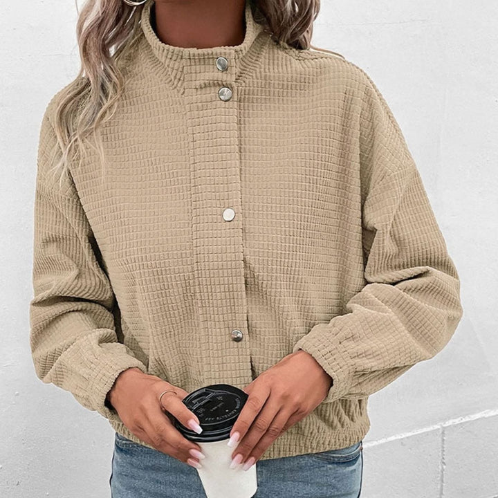 Women's Cropped Waffle-Knit Button-Front Stand-Collar Jacket