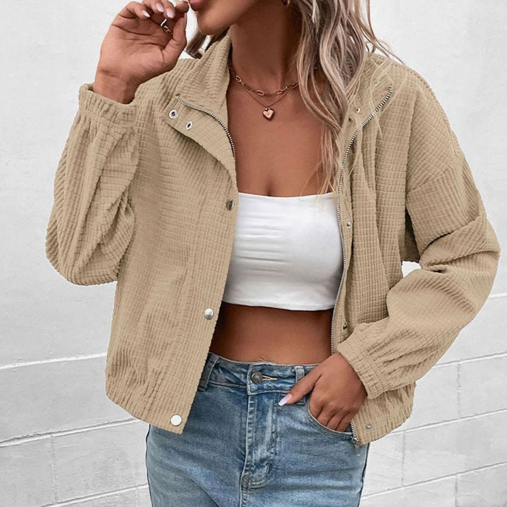Women's Cropped Waffle-Knit Button-Front Stand-Collar Jacket